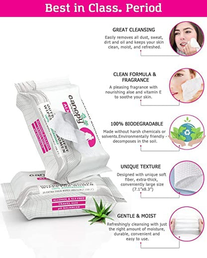 Hygiene Feminine Wipes -  ALMA 100% Biodegradable, Ph Balanced Body and Hand Cleansing Cloths for Women W/Aloe - Great Wet Wipes for Women